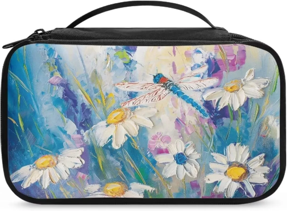 Daisy Toiletry Bag with Handle Oil Painting Travel Cosmetic Bags with Brush Slots Travel Skincare Bag for Women Cute Makeup Organizer Case Womens Travel Essentials Bags