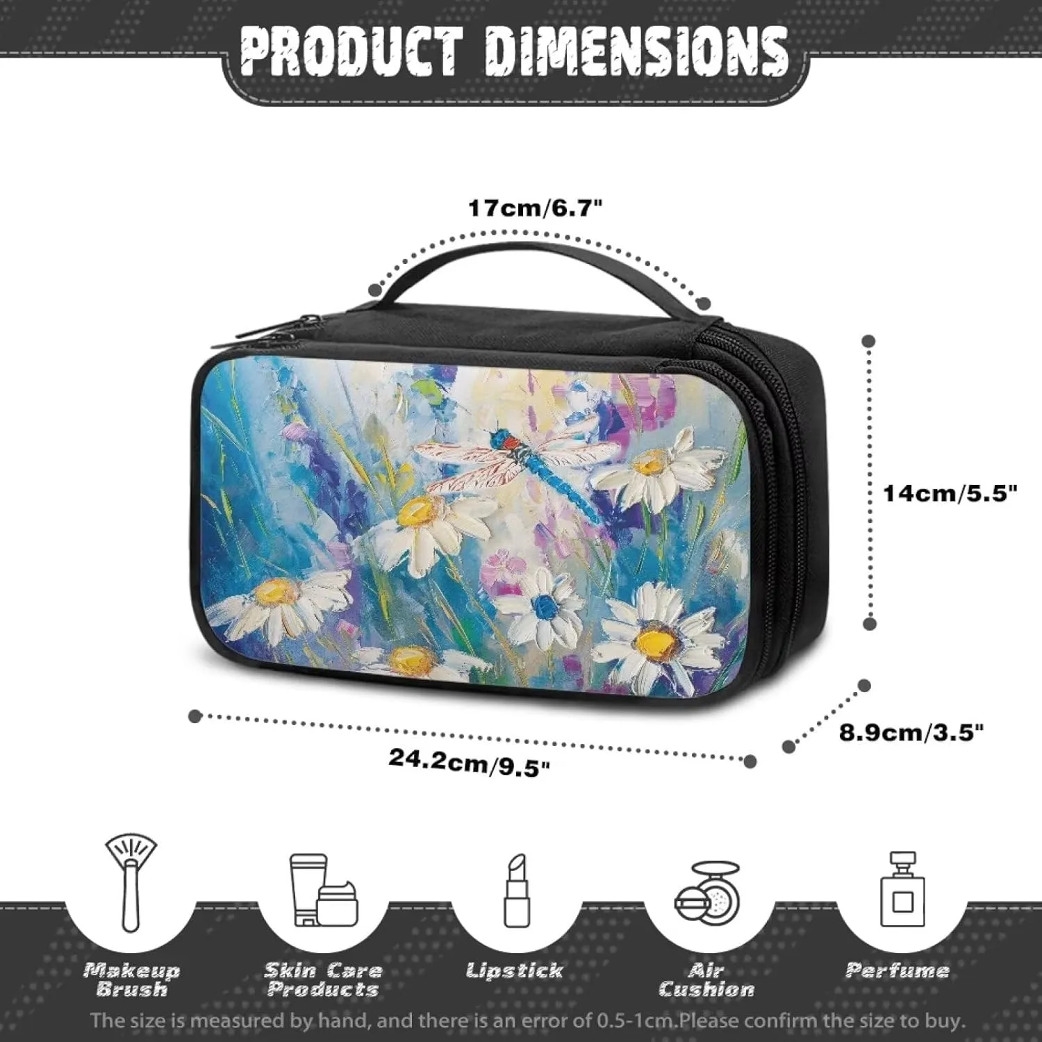 Daisy Toiletry Bag with Handle Oil Painting Travel Cosmetic Bags with Brush Slots Travel Skincare Bag for Women Cute Makeup Organizer Case Womens Travel Essentials Bags
