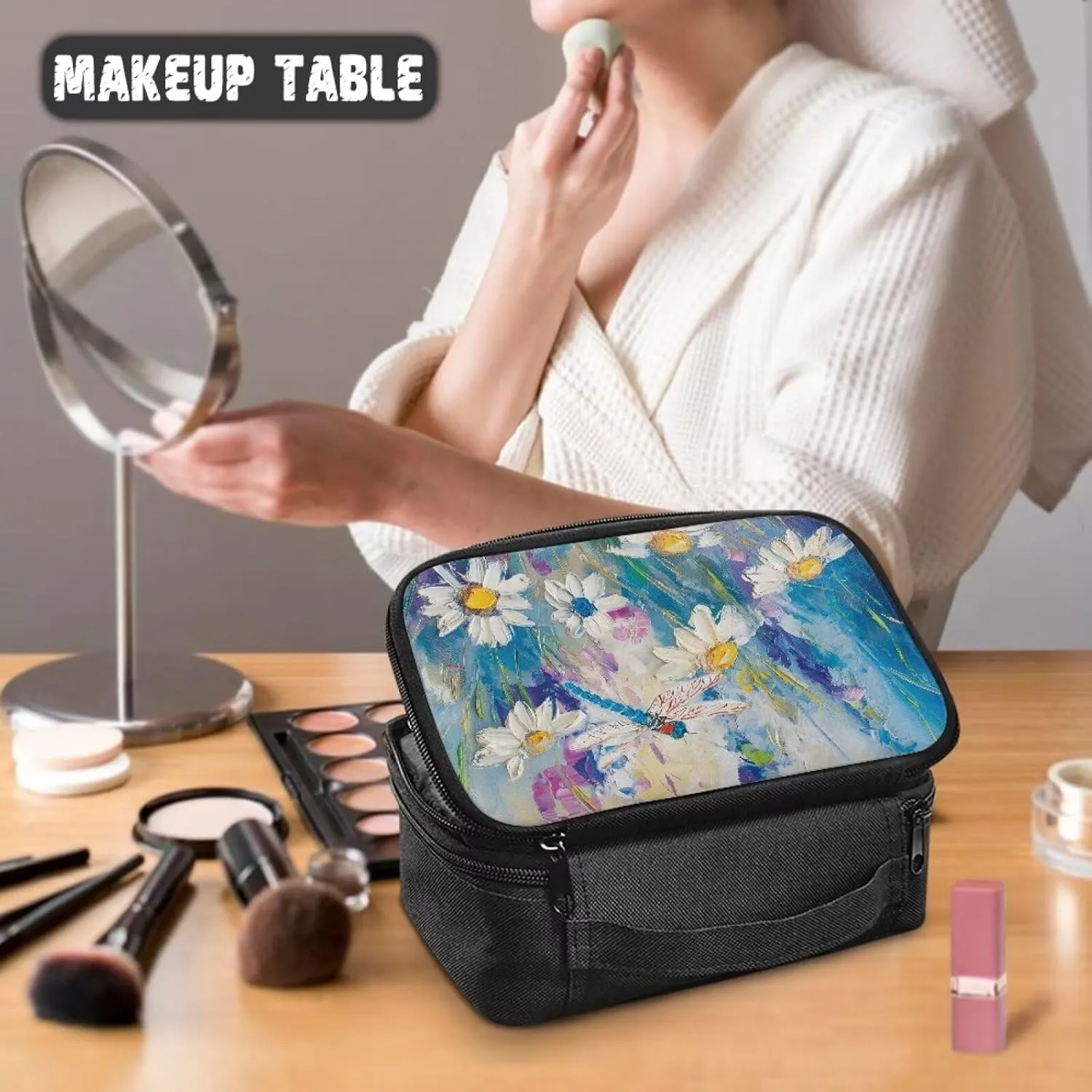 Daisy Toiletry Bag with Handle Oil Painting Travel Cosmetic Bags with Brush Slots Travel Skincare Bag for Women Cute Makeup Organizer Case Womens Travel Essentials Bags