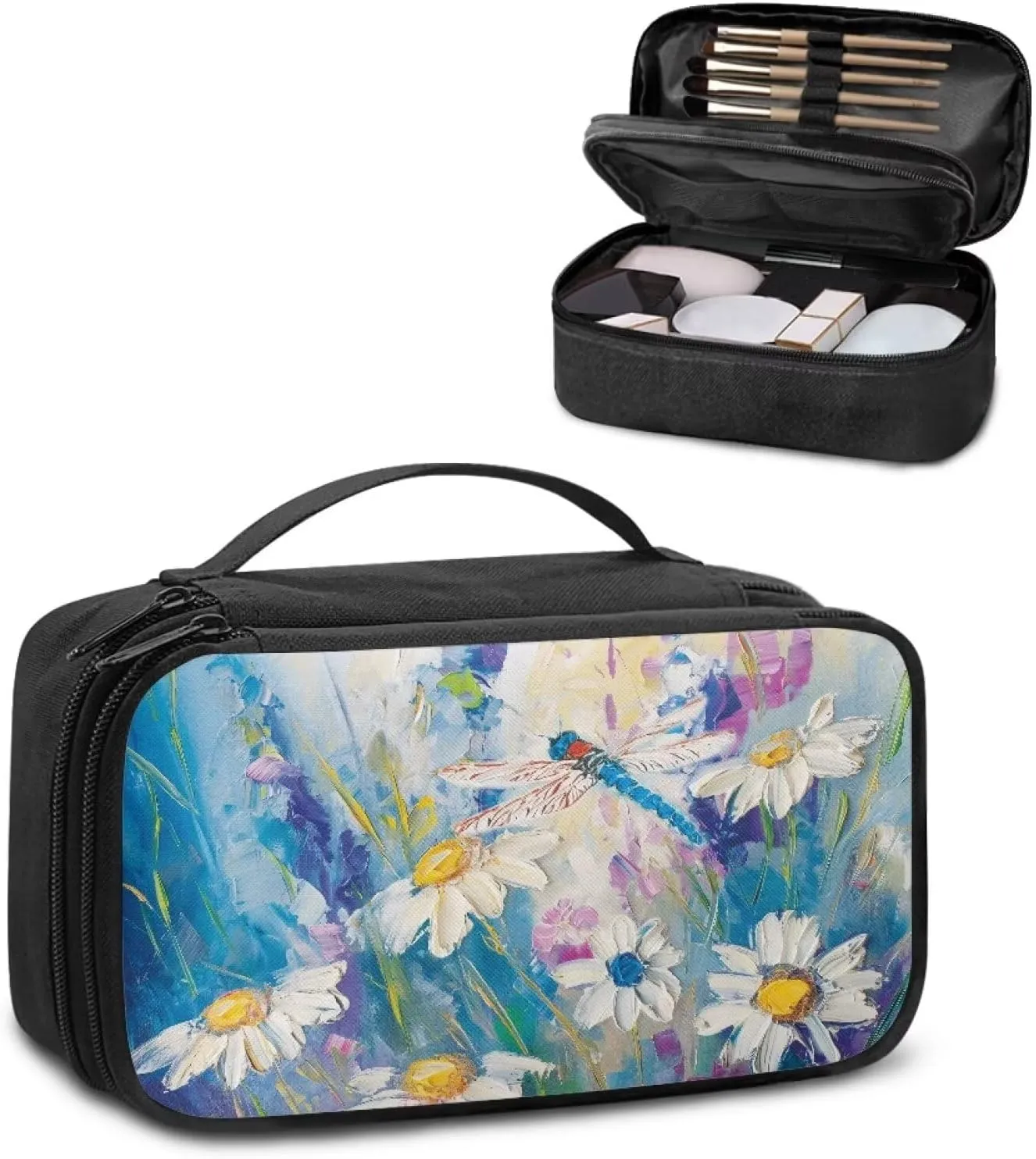 Daisy Toiletry Bag with Handle Oil Painting Travel Cosmetic Bags with Brush Slots Travel Skincare Bag for Women Cute Makeup Organizer Case Womens Travel Essentials Bags