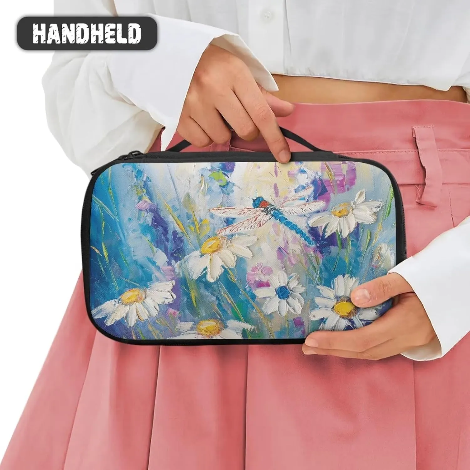 Daisy Toiletry Bag with Handle Oil Painting Travel Cosmetic Bags with Brush Slots Travel Skincare Bag for Women Cute Makeup Organizer Case Womens Travel Essentials Bags