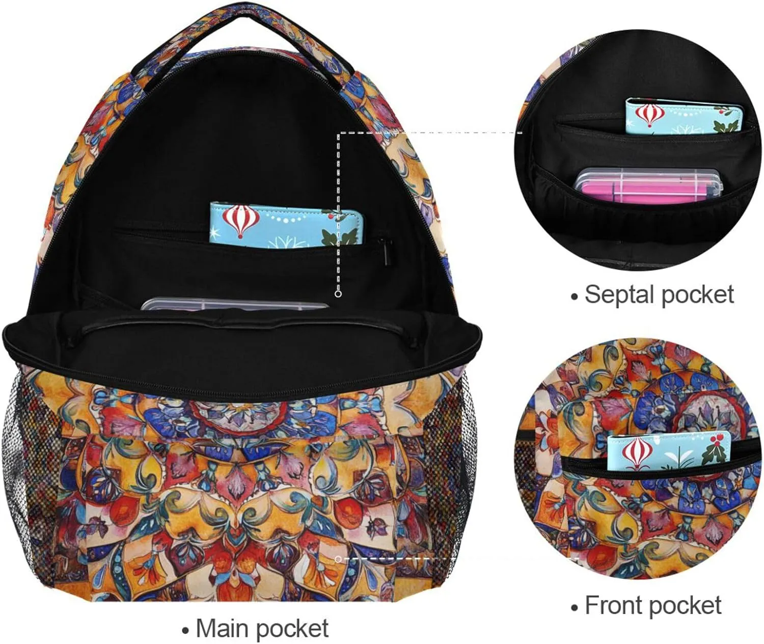 Day Backpack for Unisex Adult Waterproof Backpack with Chest Strap Gift Men & Women Bohemian Pattern Boho Vintage Mandala