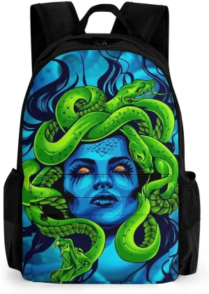 Daypack Backpack Anti-Theft Multipurpose Large Capacity Carry On Bag - Greek Goddess Green Snake Queen Medusa Art Traveling & Camping Backpack With Side Pockets