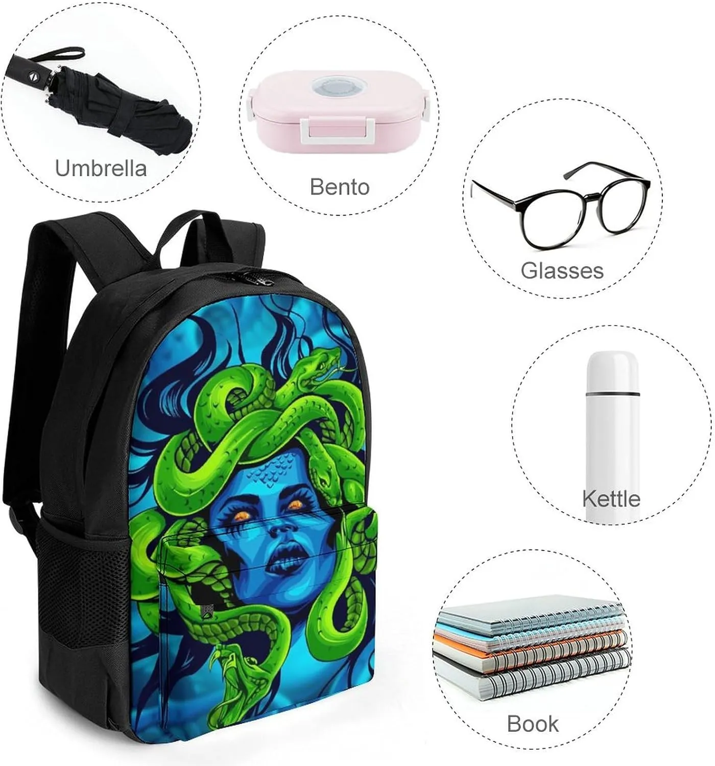 Daypack Backpack Anti-Theft Multipurpose Large Capacity Carry On Bag - Greek Goddess Green Snake Queen Medusa Art Traveling & Camping Backpack With Side Pockets