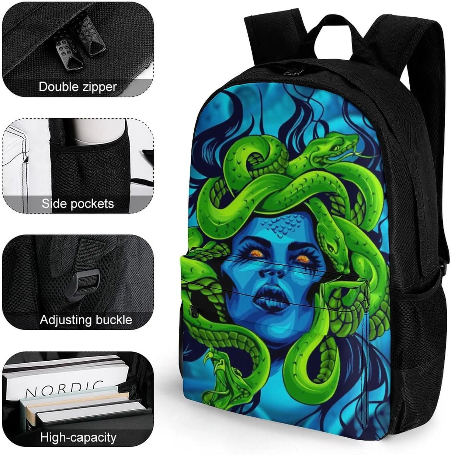 Daypack Backpack Anti-Theft Multipurpose Large Capacity Carry On Bag - Greek Goddess Green Snake Queen Medusa Art Traveling & Camping Backpack With Side Pockets