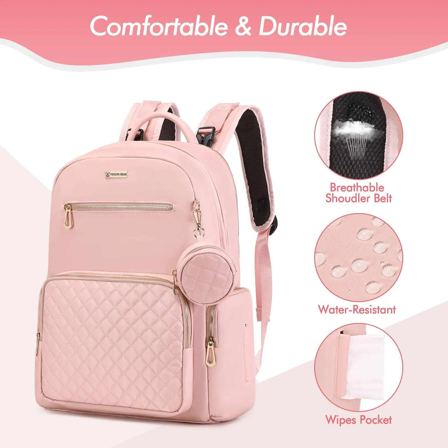 Diaper Bag Backpack,Baby Bags for Boy Girl,Quilted Diaper Bags for Mom (Pink)