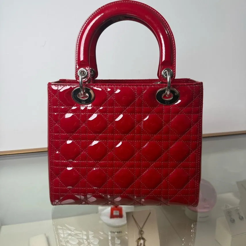 Dior Lady Dior Red Patent Leather MM 2Ways Bag