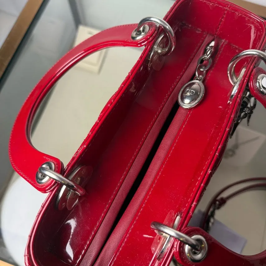 Dior Lady Dior Red Patent Leather MM 2Ways Bag