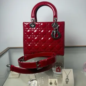 Dior Lady Dior Red Patent Leather MM 2Ways Bag