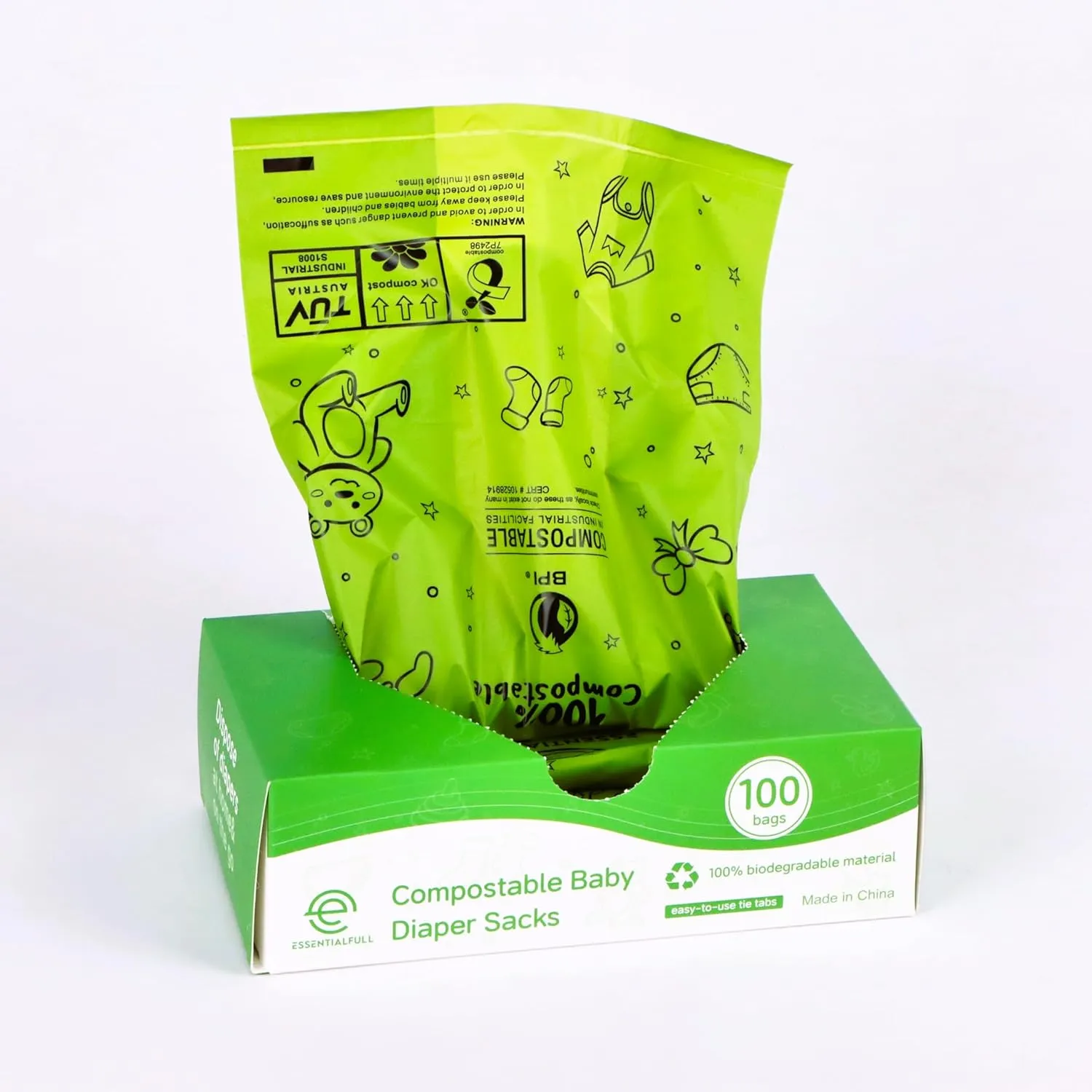 Disposable Diaper Bags for baby, 100 Count Eco-Friendly Compostable Disposable Diaper Bags, Baby Poop and Multipurpose Sacks with Handles for Convenient Disposal, Leak-Proof