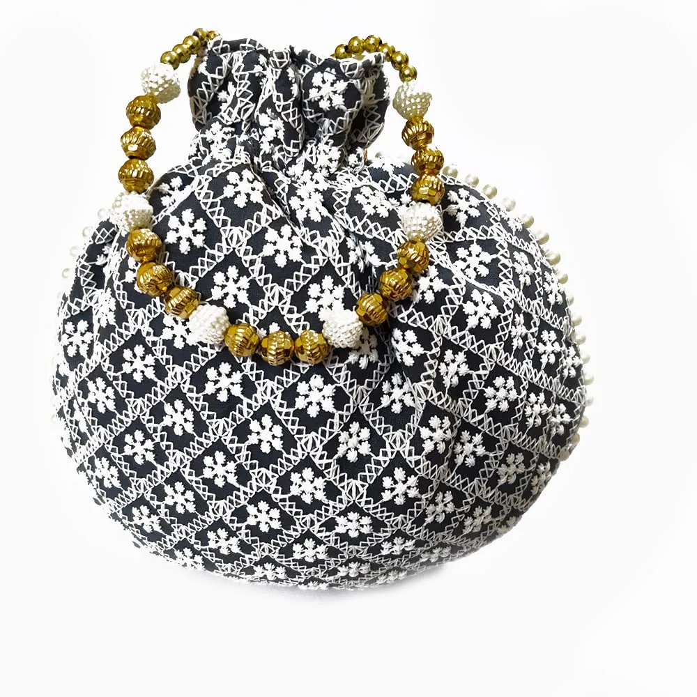 DMS RETAIL Chikankari Lucknowi Embroidered Potli Bags | Potli Bags for Ladies for Wedding with Pearl Drawstring (Grey)