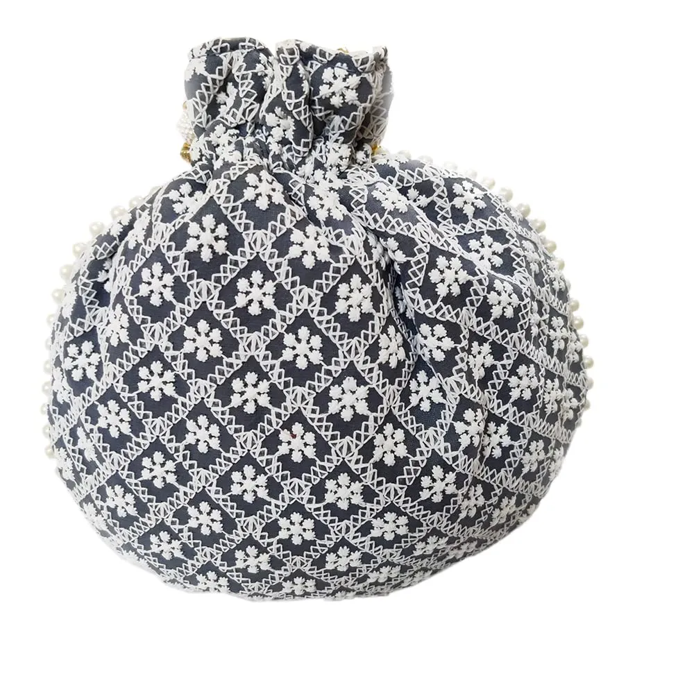 DMS RETAIL Chikankari Lucknowi Embroidered Potli Bags | Potli Bags for Ladies for Wedding with Pearl Drawstring (Grey)