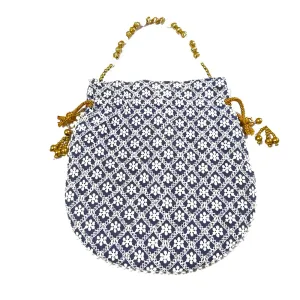 DMS RETAIL Chikankari Lucknowi Embroidered Potli Bags | Potli Bags for Ladies for Wedding with Pearl Drawstring (Grey)
