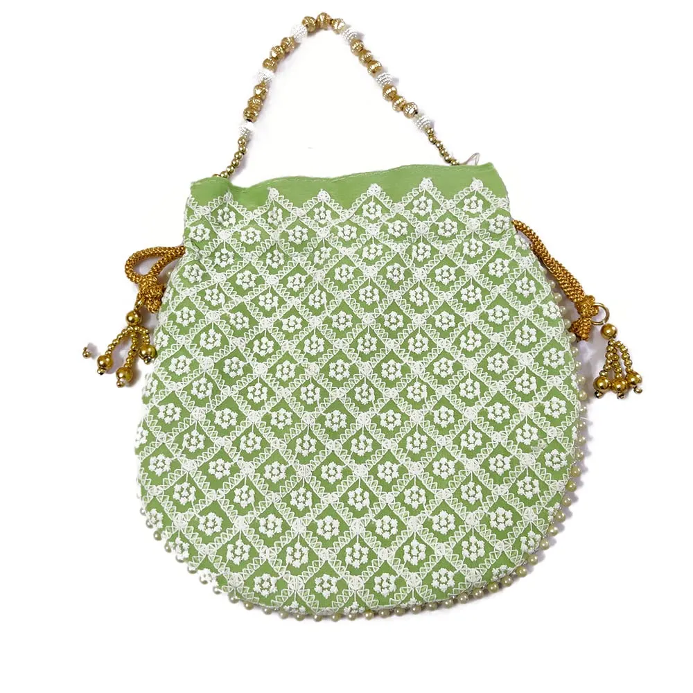 DMS RETAIL Chikankari Lucknowi Embroidered Potli Bags| Potli Bags for Ladies for Wedding with Pearl Drawstring (Pista Green)