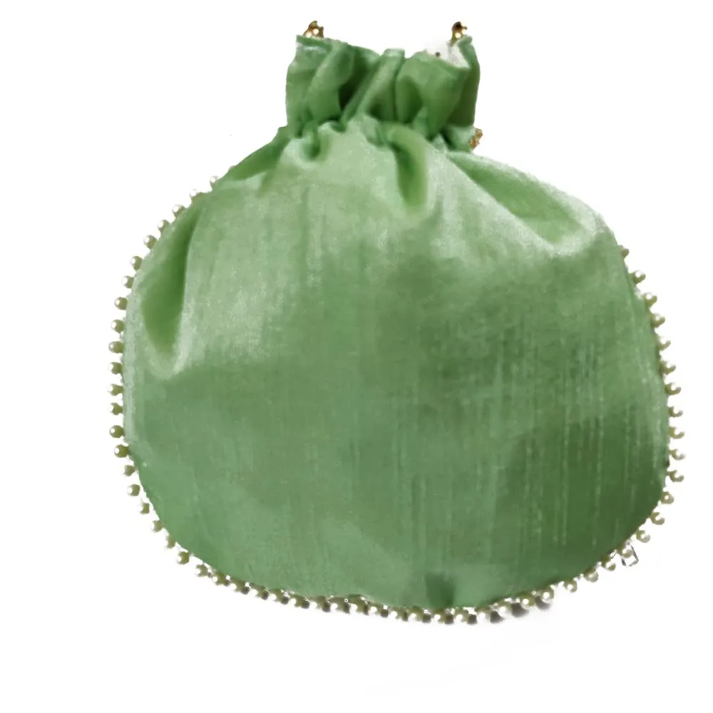 DMS RETAIL Chikankari Lucknowi Embroidered Potli Bags| Potli Bags for Ladies for Wedding with Pearl Drawstring (Pista Green)
