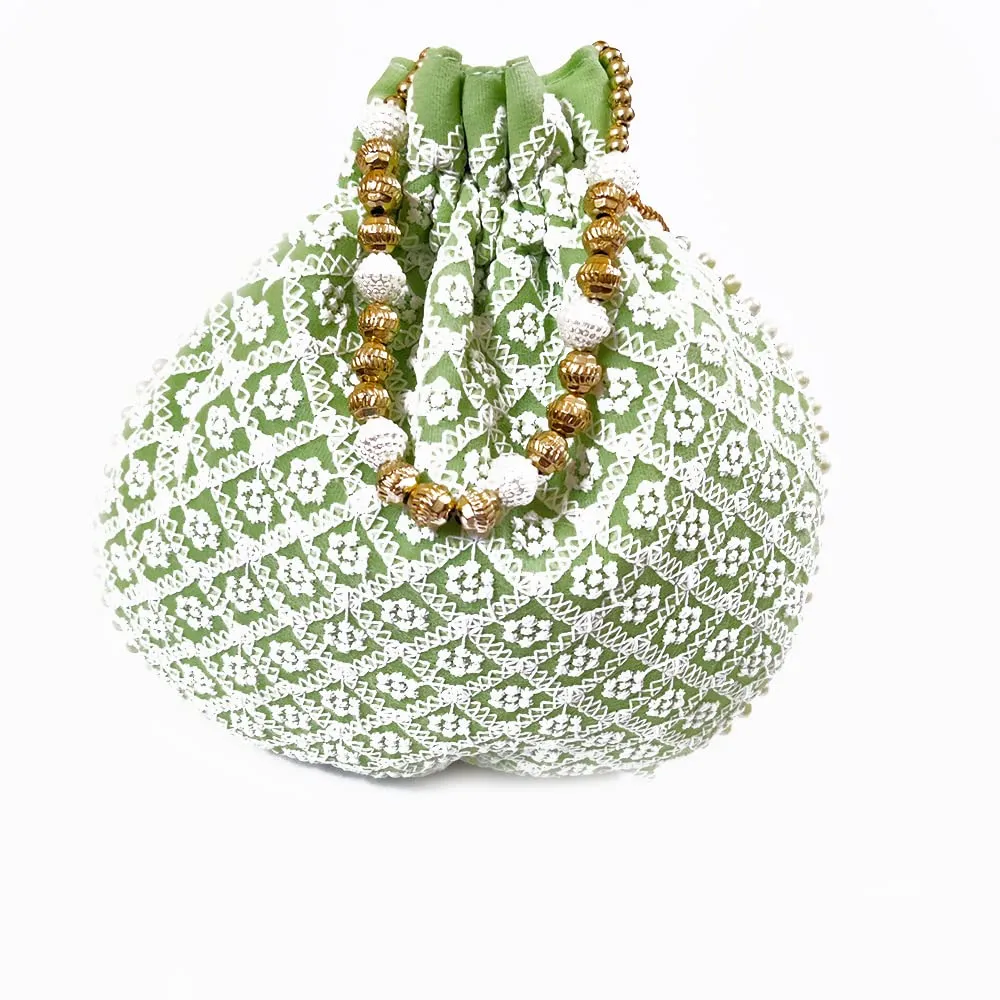 DMS RETAIL Chikankari Lucknowi Embroidered Potli Bags| Potli Bags for Ladies for Wedding with Pearl Drawstring (Pista Green)
