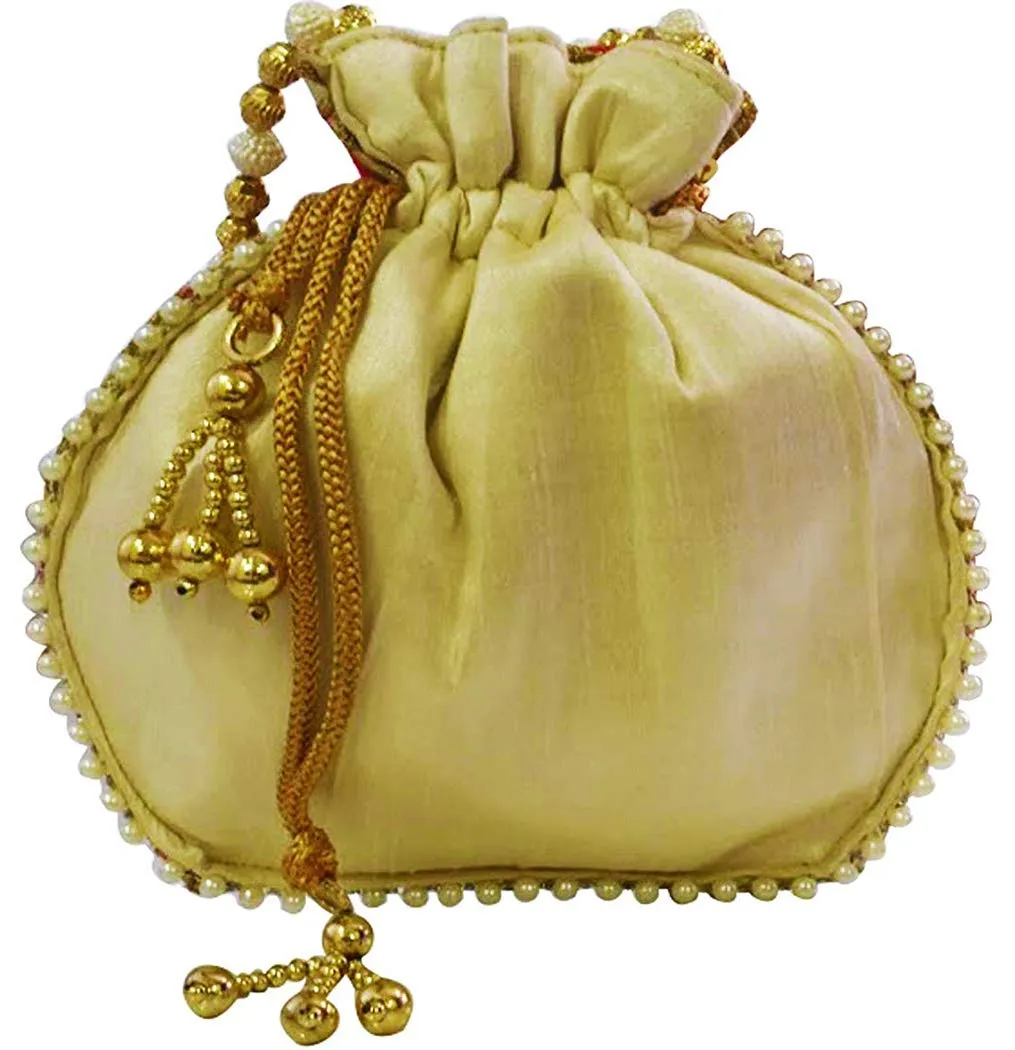 DMS RETAIL Jardoshi Embroidered Silk Potli Bag Ethnic Clutch Batwa Bag With Beadwork Pearl Drawstings Clutch Hand Bag Purse For Women Red