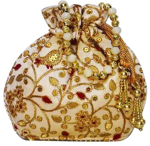 DMS RETAIL Jardoshi Embroidered Silk Potli Bag Ethnic Clutch Batwa Bag With Beadwork Pearl Drawstings Clutch Hand Bag Purse For Women Red