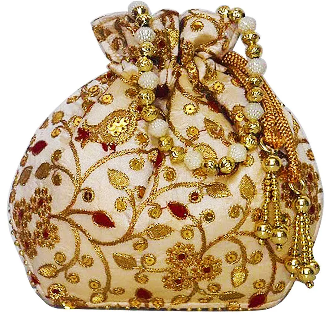 DMS RETAIL Jardoshi Embroidered Silk Potli Bag Ethnic Clutch Batwa Bag With Beadwork Pearl Drawstings Clutch Hand Bag Purse For Women Red