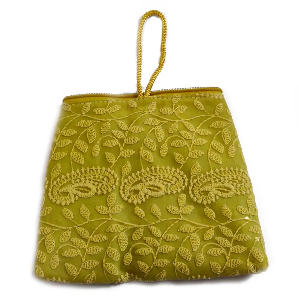 DMS RETAIL Lucknowi Embroidered Potli Bags in Samosa Shape Potli Pouches, Return Gifts for Women, Shagun Potli Purse for Gifting, Potli Bags for Ladies (Mustard)