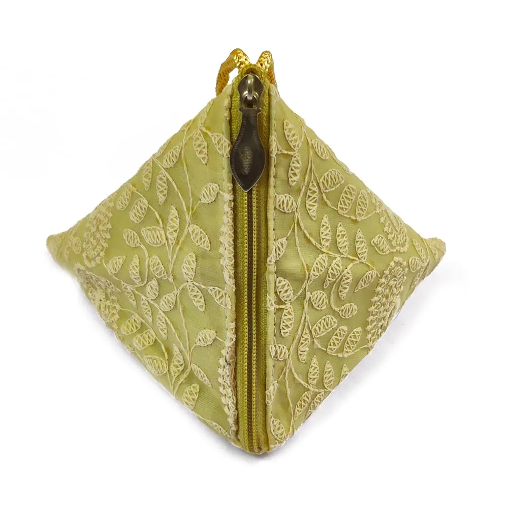 DMS RETAIL Lucknowi Embroidered Potli Bags in Samosa Shape Potli Pouches, Return Gifts for Women, Shagun Potli Purse for Gifting, Potli Bags for Ladies (Mustard)
