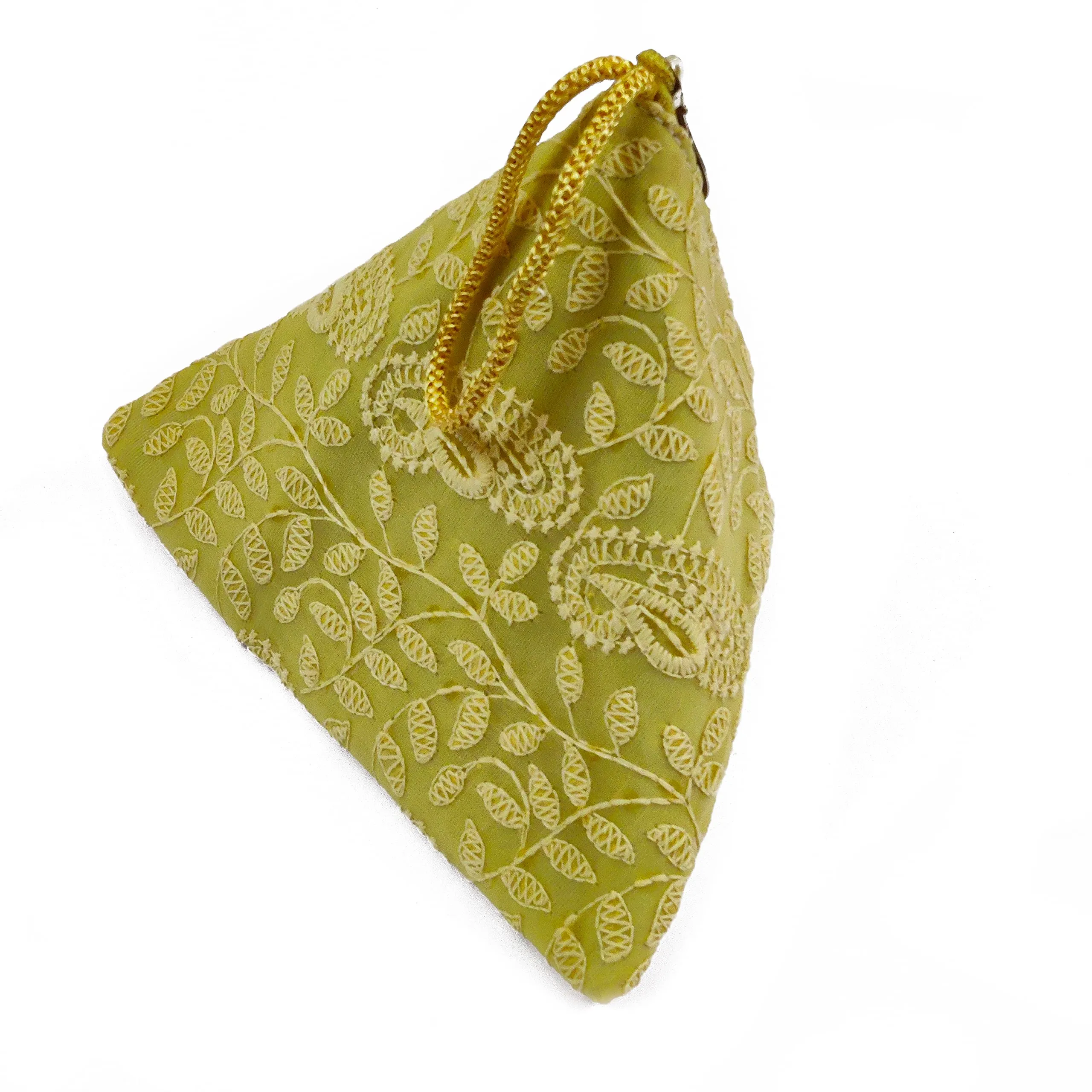 DMS RETAIL Lucknowi Embroidered Potli Bags in Samosa Shape Potli Pouches, Return Gifts for Women, Shagun Potli Purse for Gifting, Potli Bags for Ladies (Mustard)