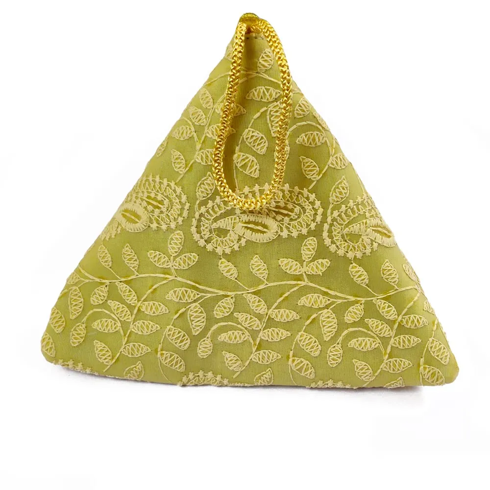 DMS RETAIL Lucknowi Embroidered Potli Bags in Samosa Shape Potli Pouches, Return Gifts for Women, Shagun Potli Purse for Gifting, Potli Bags for Ladies (Mustard)