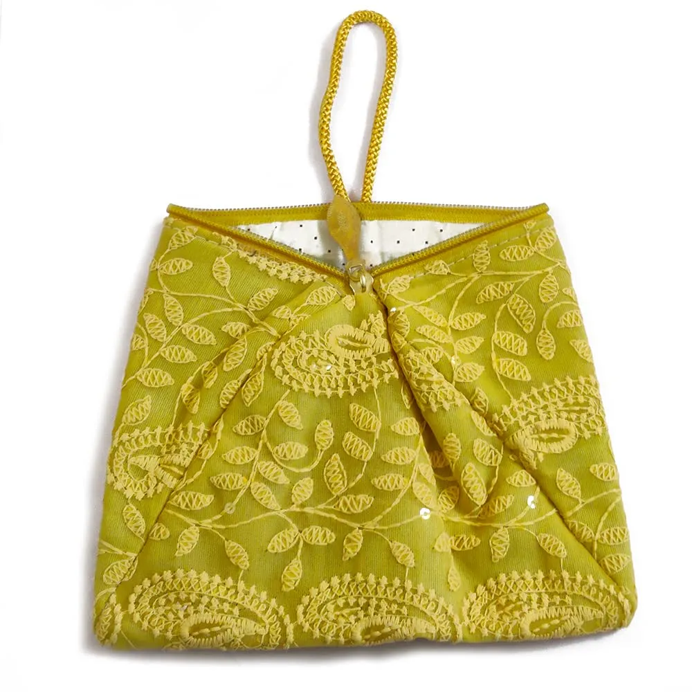 DMS RETAIL Lucknowi Embroidered Potli Bags in Samosa Shape Potli Pouches, Return Gifts for Women, Shagun Potli Purse for Gifting, Potli Bags for Ladies (Mustard)