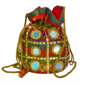 DMS RETAIL Multicolored Mirror Work Potli Bag for Women And Girls