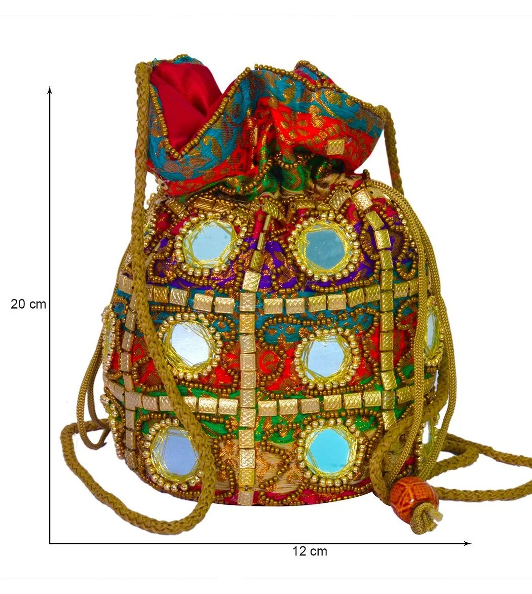 DMS RETAIL Multicolored Mirror Work Potli Bag for Women And Girls