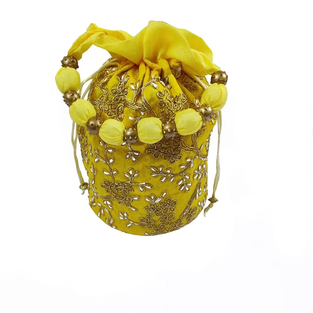 DMS RETAIL Raw-Silk Designer Polti Bag for Women with Golden Embroidery with Drawstring Potli Bag for Wedding (Yellow)