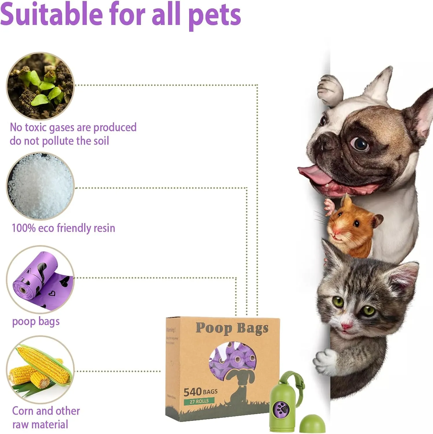 Dog Poop Bag Rolls - 540 Count Dog Waste Bags with Dispenser, Extra Thick Strong Leak proof Poop Bags for Dogs Doggy | Scented Purple