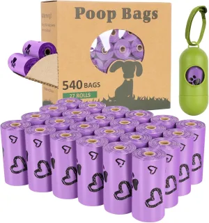 Dog Poop Bag Rolls - 540 Count Dog Waste Bags with Dispenser, Extra Thick Strong Leak proof Poop Bags for Dogs Doggy | Scented Purple