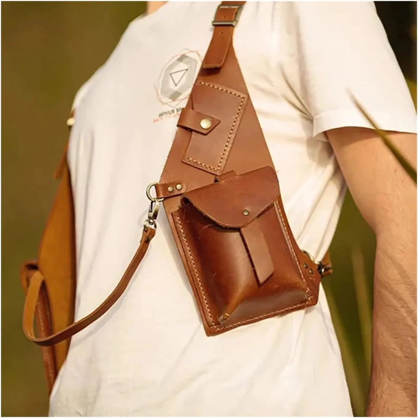 Double Shoulder Armpit Bag Shoulder Chest Harness Bag Vintage Leather Phone Purse Pocket Holster Bag For Men Women Festival