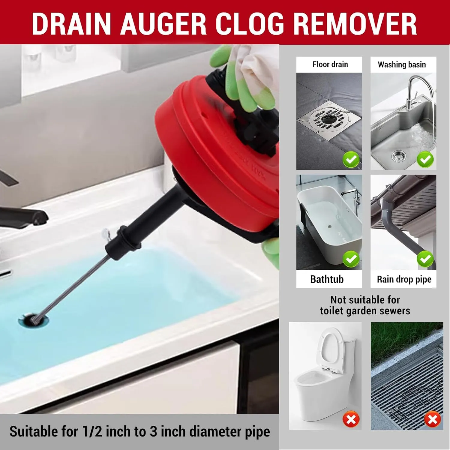 Drain Snake Auger, High Hardness Double Modes Plumbing Drain Auger Clog Remover Heavy Duty Toilet Snake Auger Sink Unclogger Drain Cleaner Tool for Shower Bathtub Bathroom
