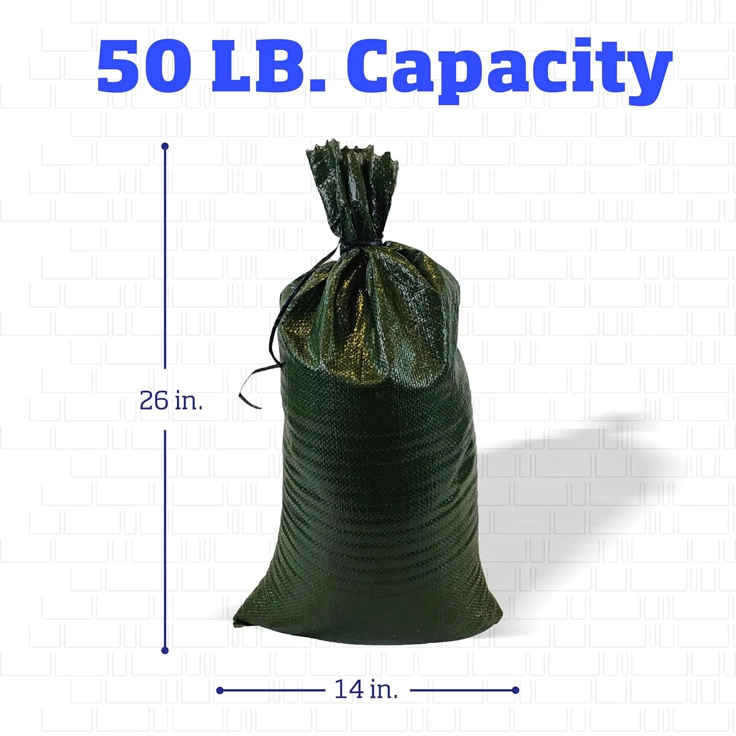 DURASACK Heavy Duty Sand Bags with Tie Strings Empty Woven Polypropylene Sand-Bags for Flood Control with 1600 Hours of UV Protection, 50 lbs Capacity, 14x26 inches, Green, Pack of 50