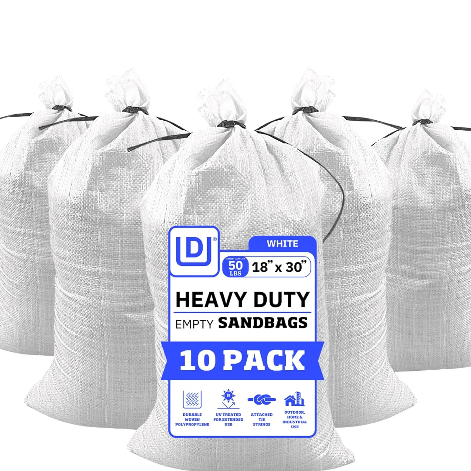 DURASACK Large Heavy Duty Sand Bags with Tie Strings Empty Woven Polypropylene Sandbags for Flood Control with 1600 Hours of UV Protection, 50 lbs Capacity, 18x30 inches, White, 10 Count