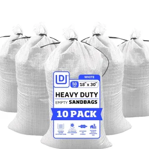 DURASACK Large Heavy Duty Sand Bags with Tie Strings Empty Woven Polypropylene Sandbags for Flood Control with 1600 Hours of UV Protection, 50 lbs Capacity, 18x30 inches, White, 10 Count