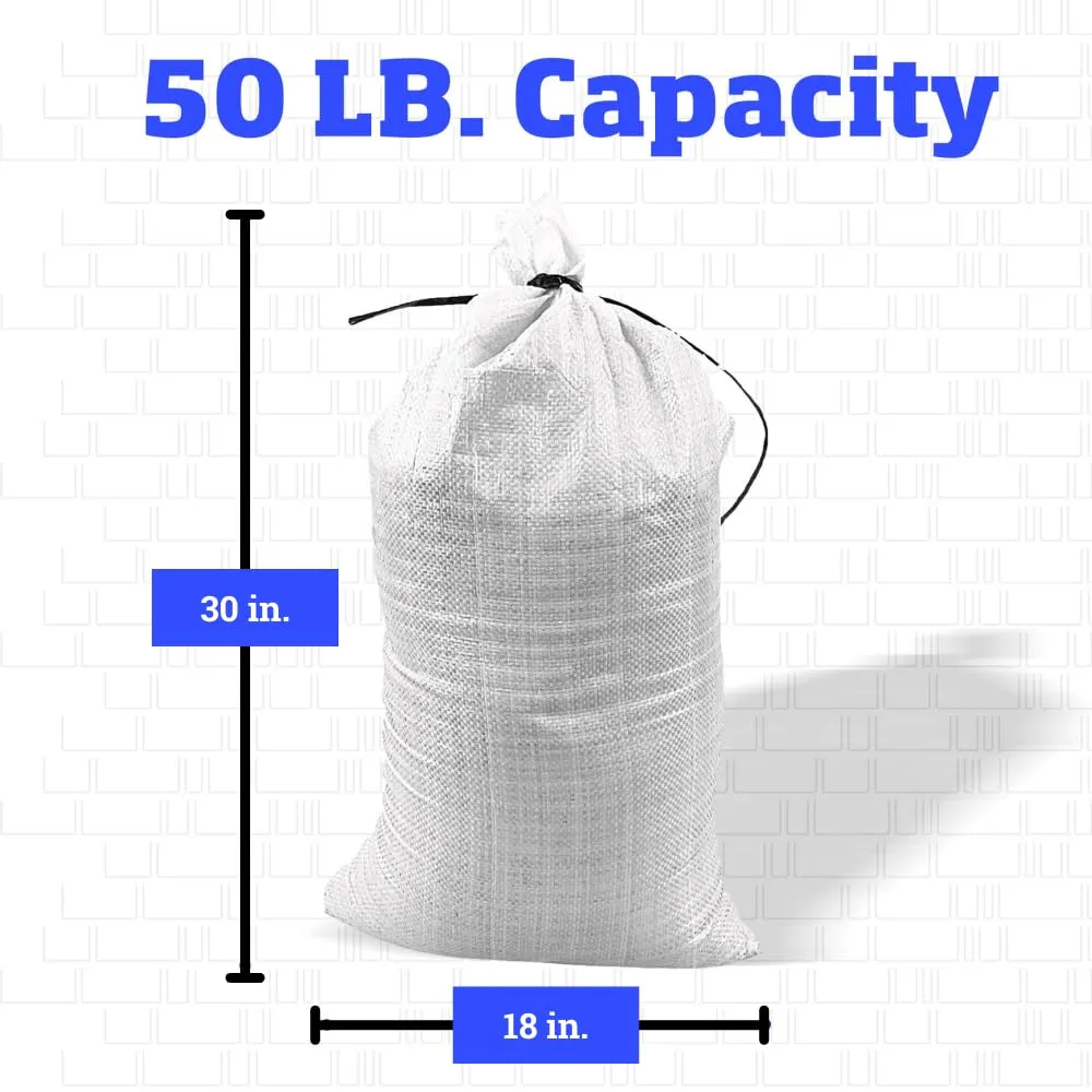 DURASACK Large Heavy Duty Sand Bags with Tie Strings Empty Woven Polypropylene Sandbags for Flood Control with 1600 Hours of UV Protection, 50 lbs Capacity, 18x30 inches, White, 10 Count