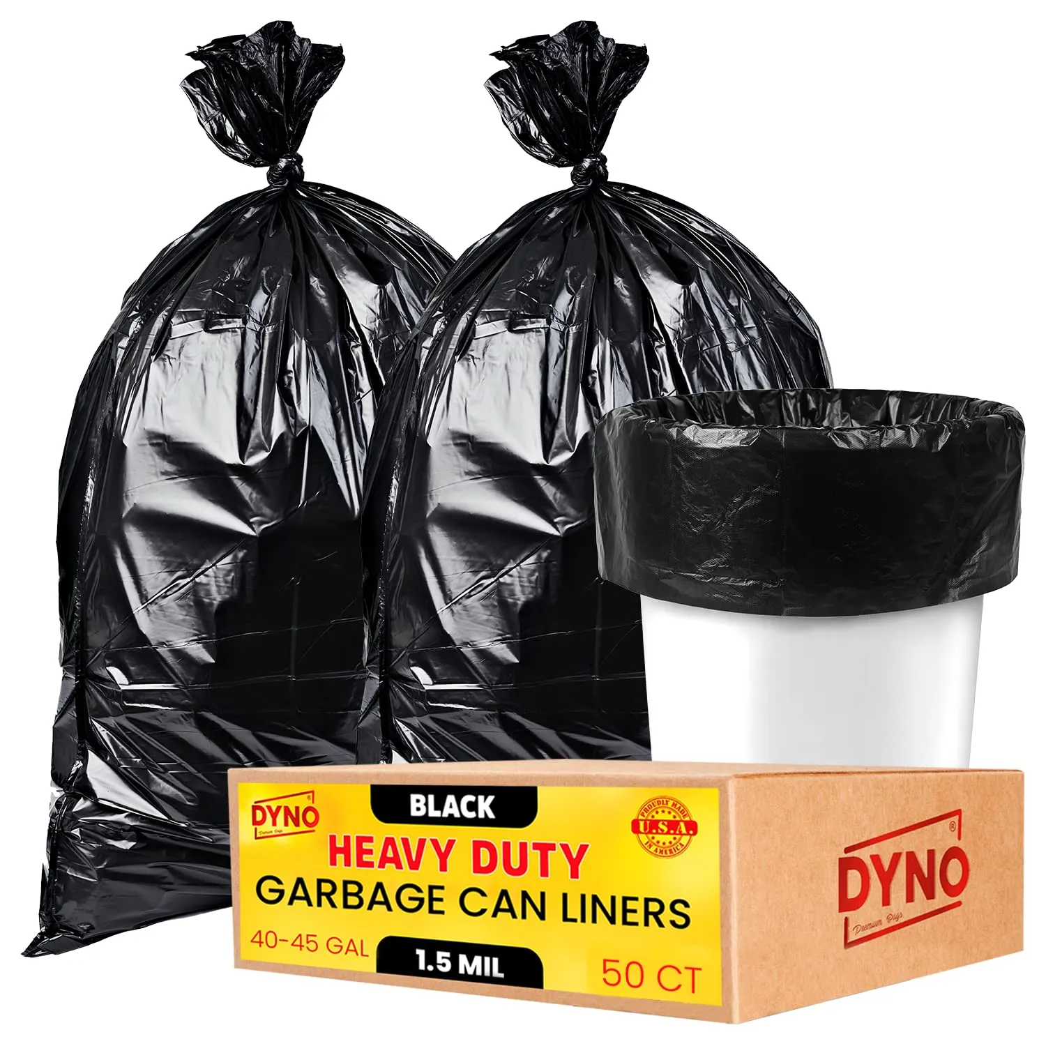 Dyno Products Online 40-45 Gallon Heavy Duty Trash Bags, 1.5 Mil Black, 50 Count, Individually Folded, Industrial Strength, Made in USA