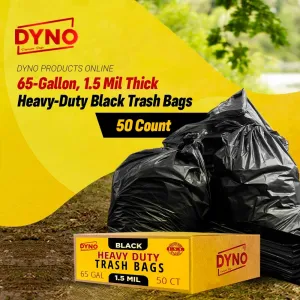 Dyno Products Online 65-Gallon Heavy-Duty Black Trash Bags - 50 Count, 1.5 Mil Thick, Industrial Strength, Resistant to Punctures and Leaks, Ideal for Commercial Use