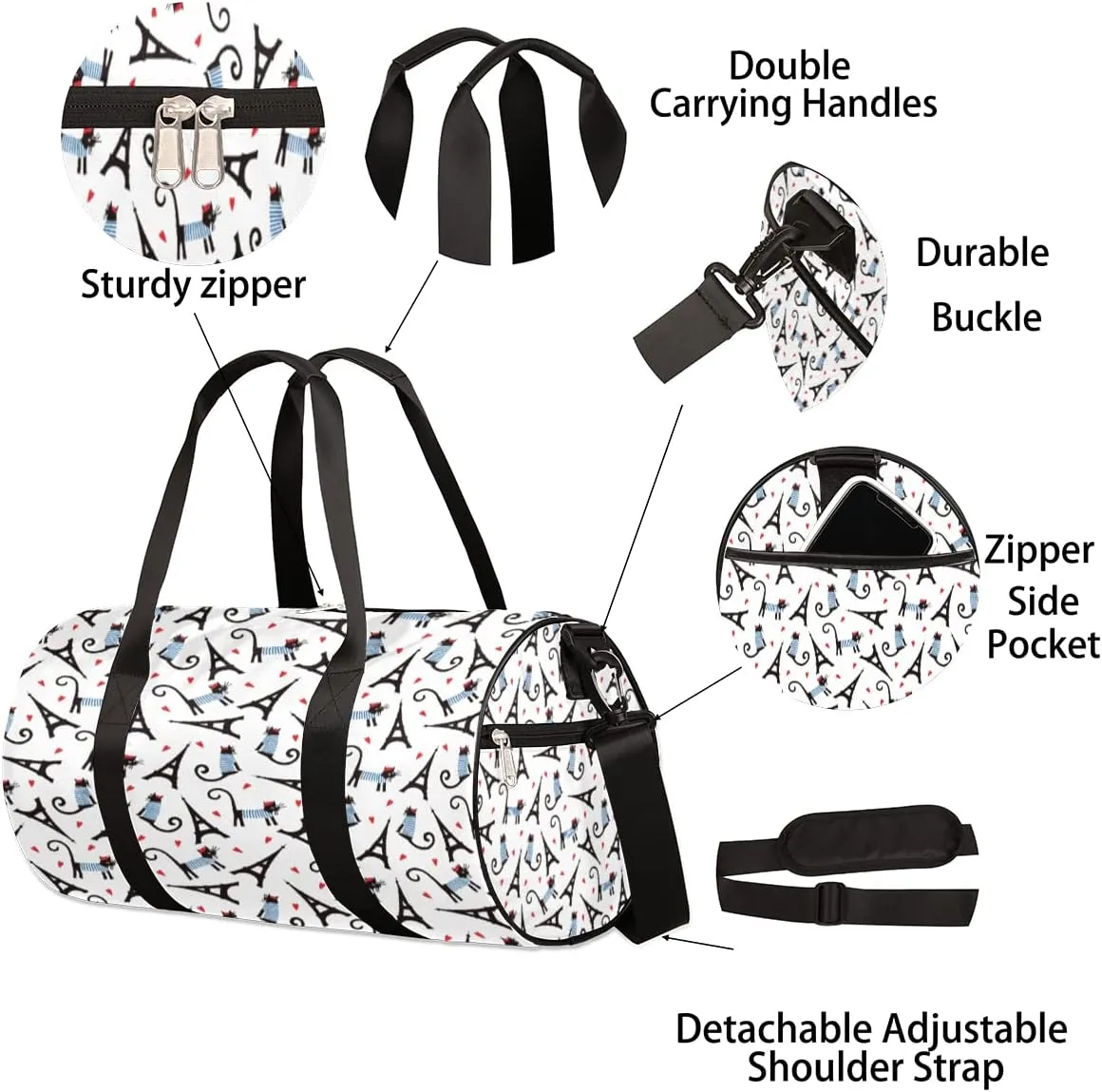 Eiffel Tower Cute Cats Gym Bag Small Gym Duffel Bags for Men Women Overnight Weekender Bag Lightweight Sport Duffle Bag Carry On Gymbag