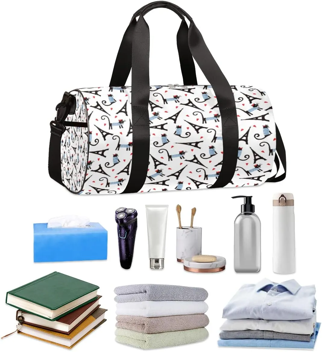 Eiffel Tower Cute Cats Gym Bag Small Gym Duffel Bags for Men Women Overnight Weekender Bag Lightweight Sport Duffle Bag Carry On Gymbag