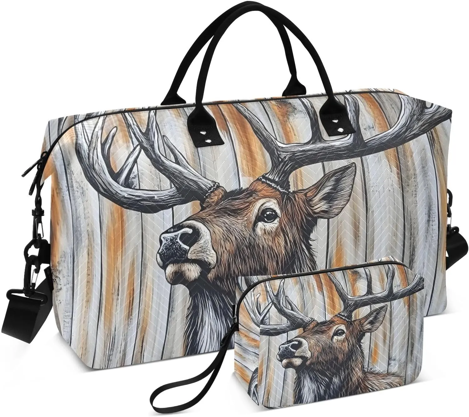 Elk Head Rustic Board Travel Duffel Bag, Gym Bags with Multiple Interior Pockets for Men Women Toiletry Purse Included 20.5”x 1.9” x 13.8”