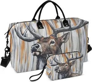 Elk Head Rustic Board Travel Duffel Bag, Gym Bags with Multiple Interior Pockets for Men Women Toiletry Purse Included 20.5”x 1.9” x 13.8”