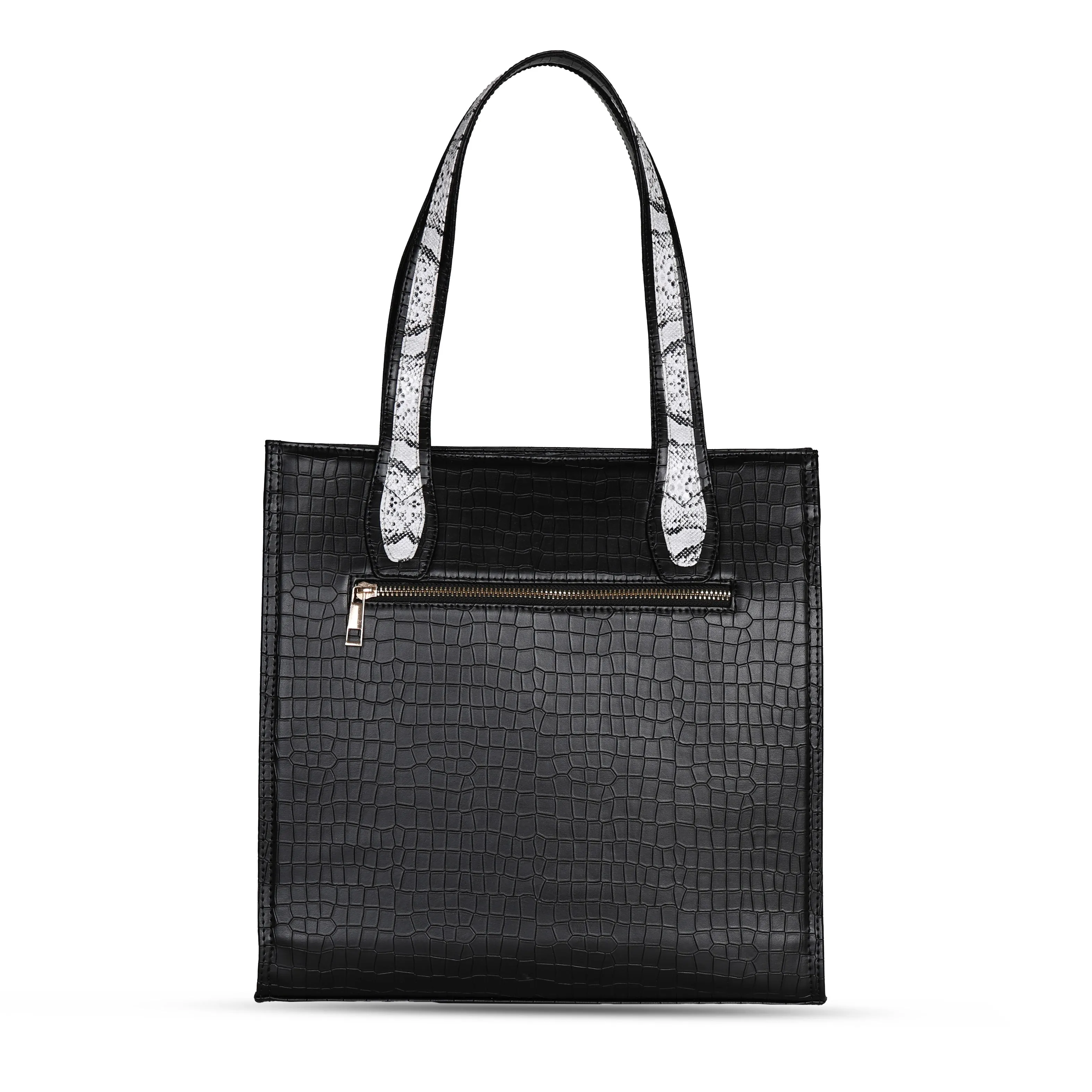 Ella Croco Structured shoulder bag with snake motif Gusset - Black