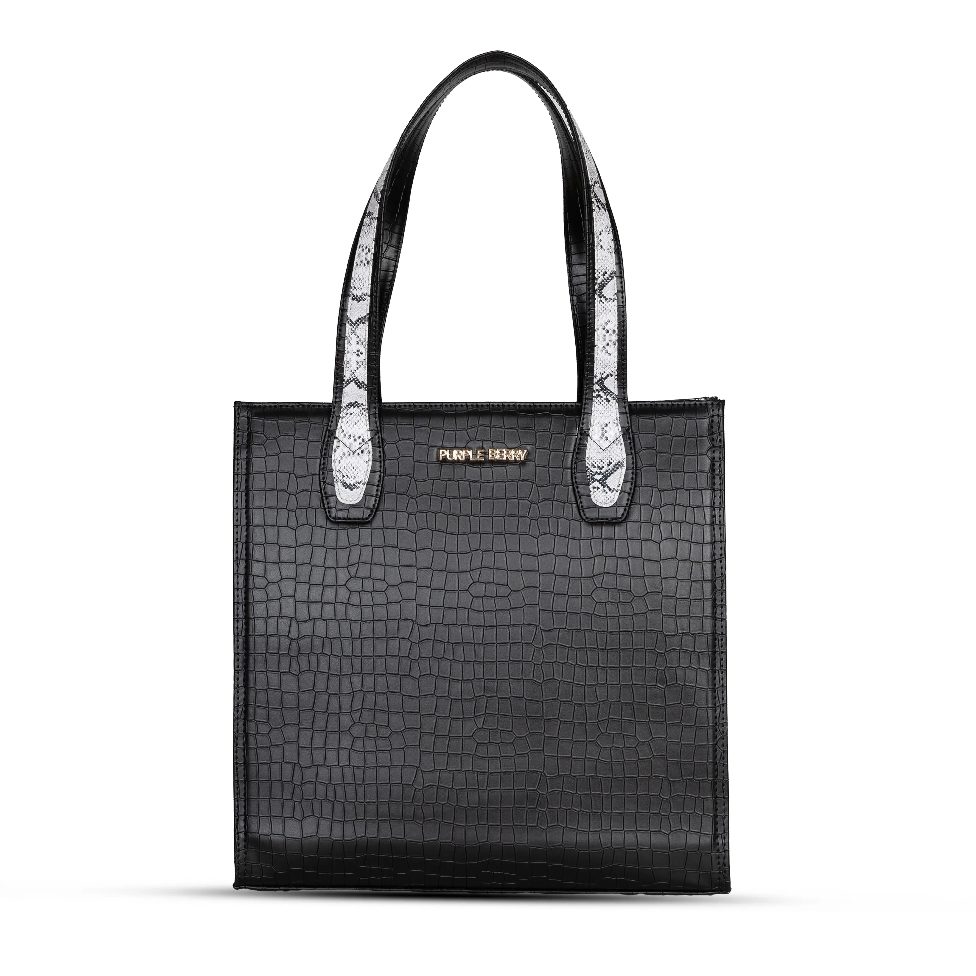 Ella Croco Structured shoulder bag with snake motif Gusset - Black
