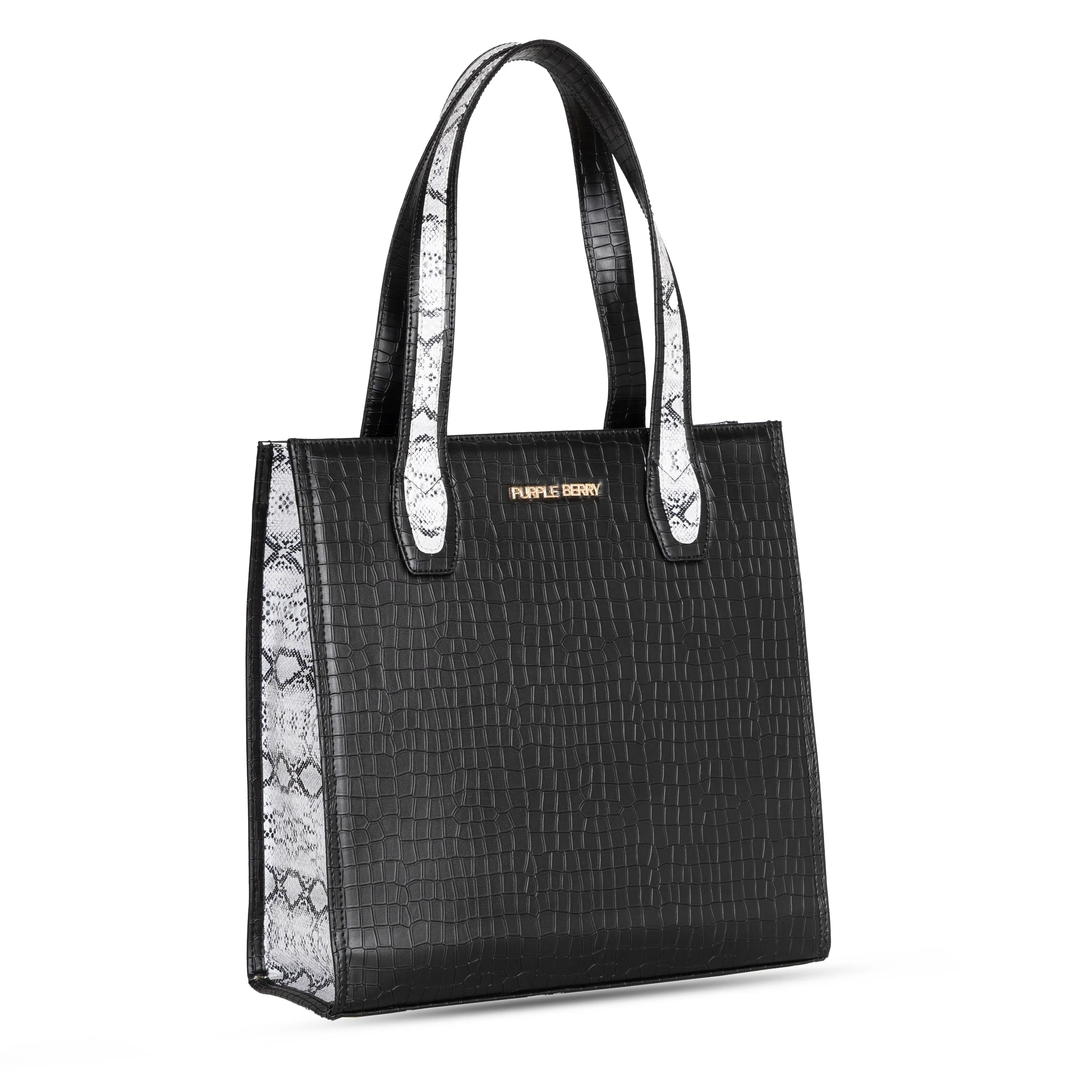 Ella Croco Structured shoulder bag with snake motif Gusset - Black