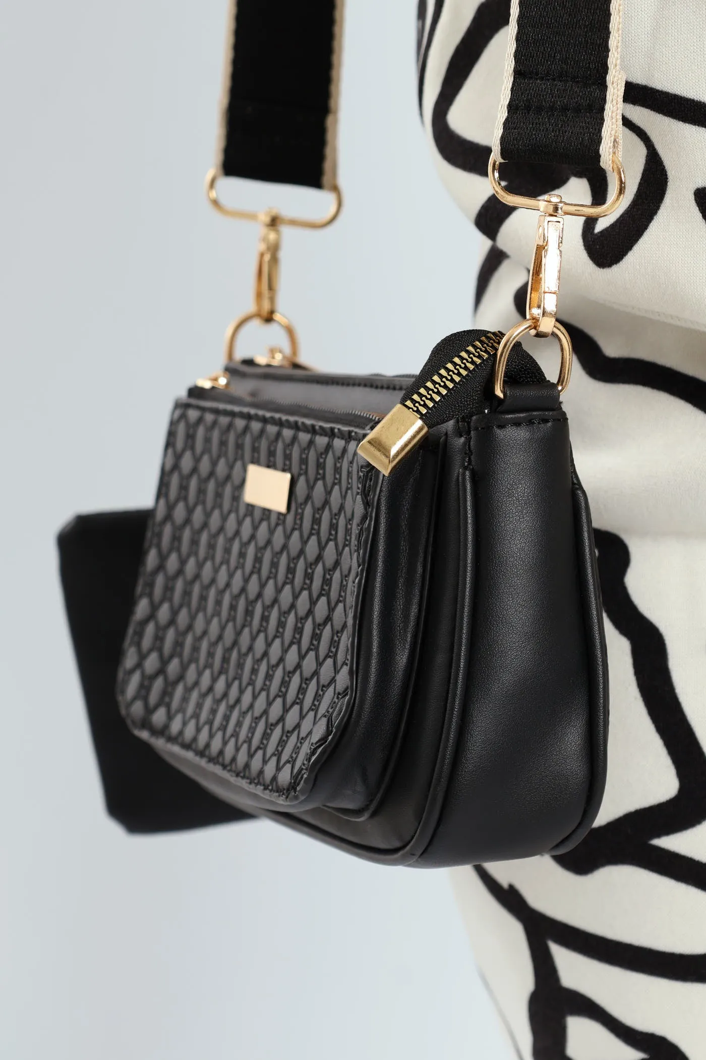 Embossed Double Compartment Crossover Satchel Bag - Black