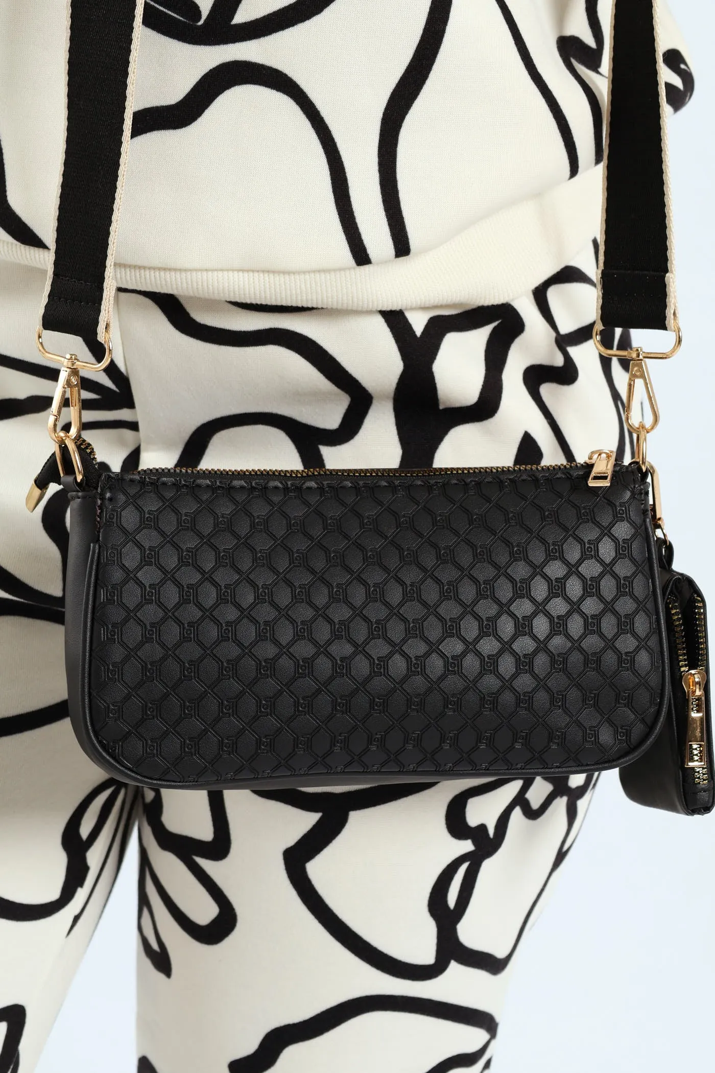 Embossed Double Compartment Crossover Satchel Bag - Black